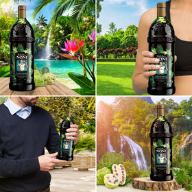 Vue de la bouteille de jus de noni avec un fond naturel