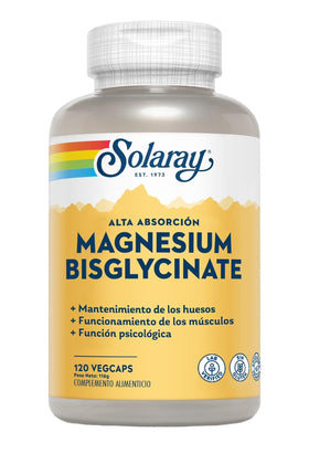 Vue de la bouteille de magnésium glycinate SOLARAY avec capsules à côté