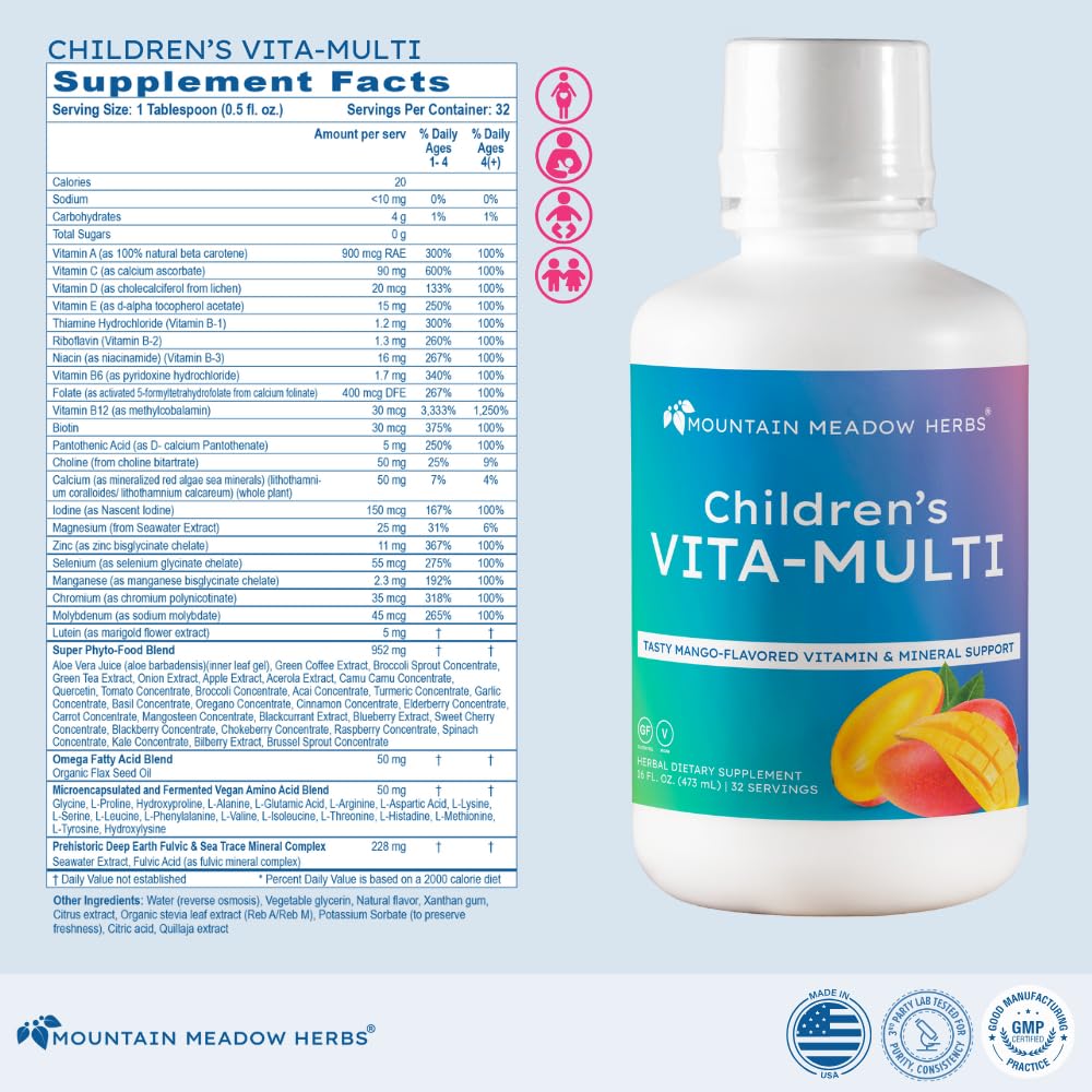 Vue de la bouteille de multivitamines liquides pour enfants sur un fond blanc