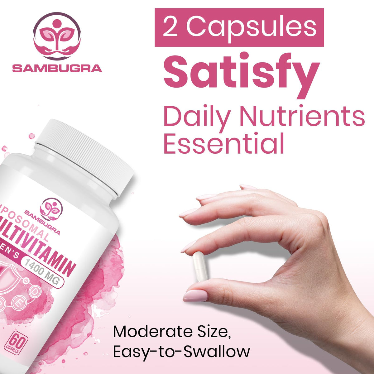 Vue de la bouteille de multivitamines Sambugra avec capsules à côté