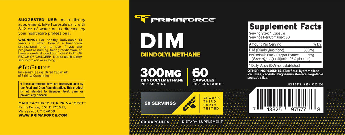 Vue de la bouteille de Primaforce DIM avec capsules à côté