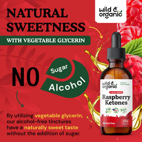 Vue de la bouteille de tincture de cétones de framboise Wild & Organic avec bouchon