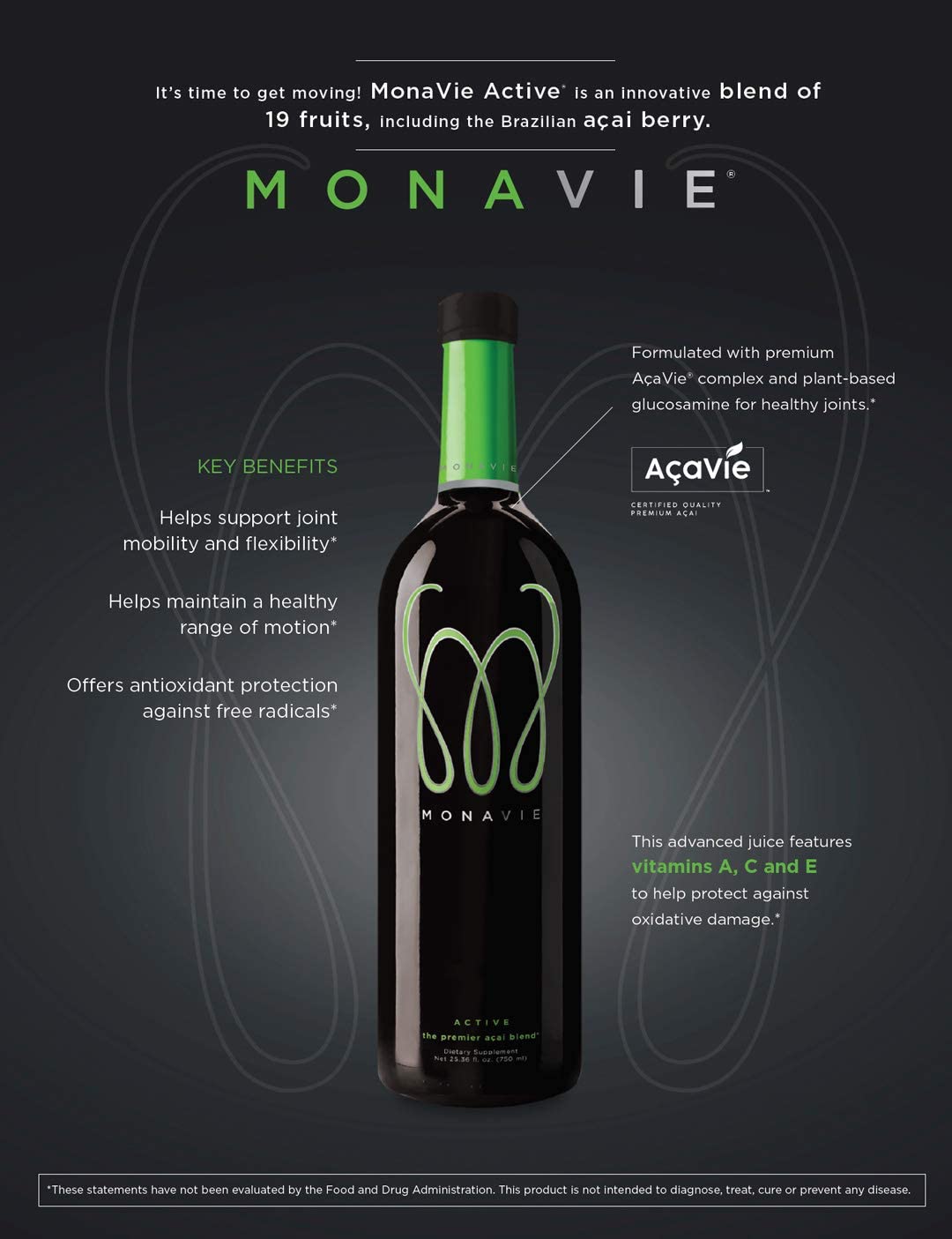 Vue de la bouteille Monavie Active, format 25,3 oz.