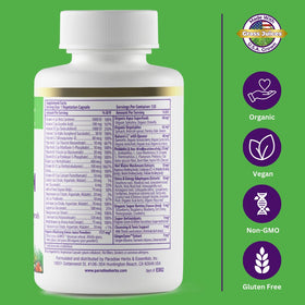 Vue de la multivitamine Paradise Herbs avec des fruits et légumes