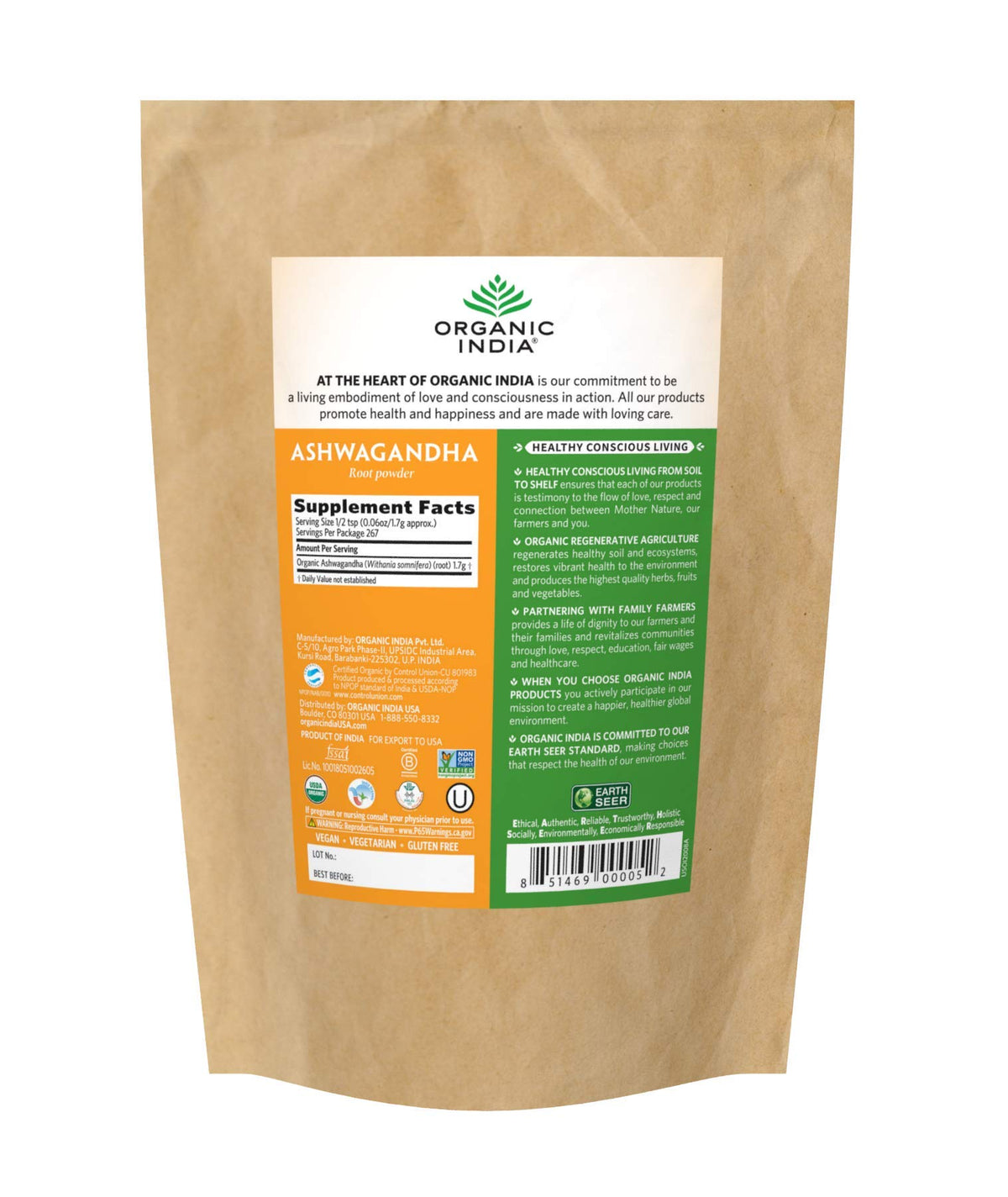 Vue de la poudre d'Ashwagandha ORGANIC INDIA dans un bol