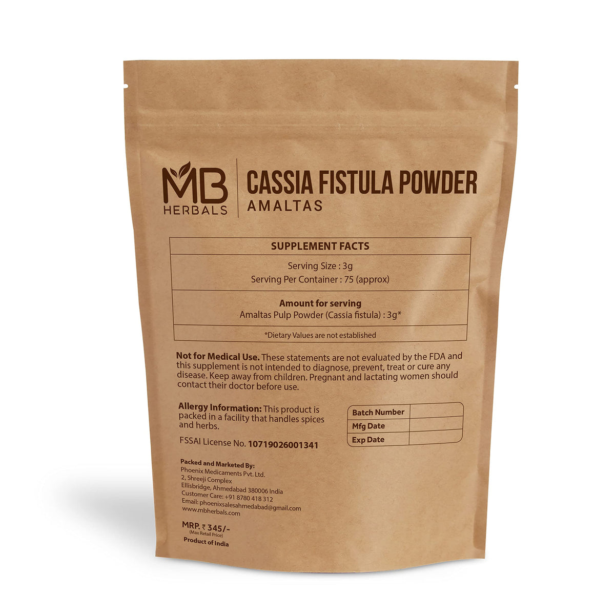 Vue de la poudre de Cassia Fistula MB Herbals 227G en gros plan