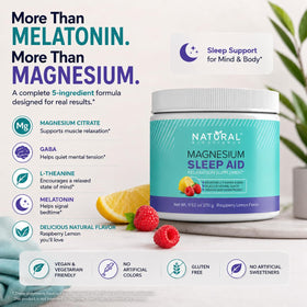 Vue de la poudre de magnésium nuit Natural BioScience avec des fruits