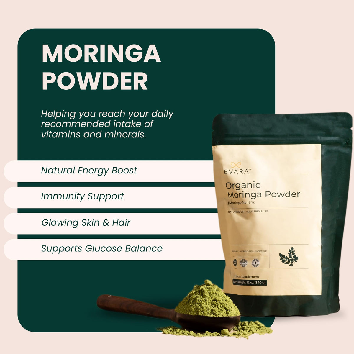 Vue de la poudre de moringa bio EVARA dans un bol