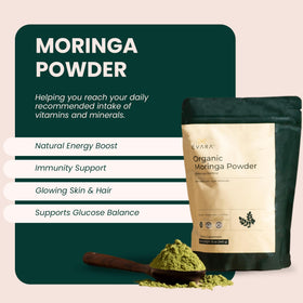 Vue de la poudre de moringa bio EVARA dans un bol