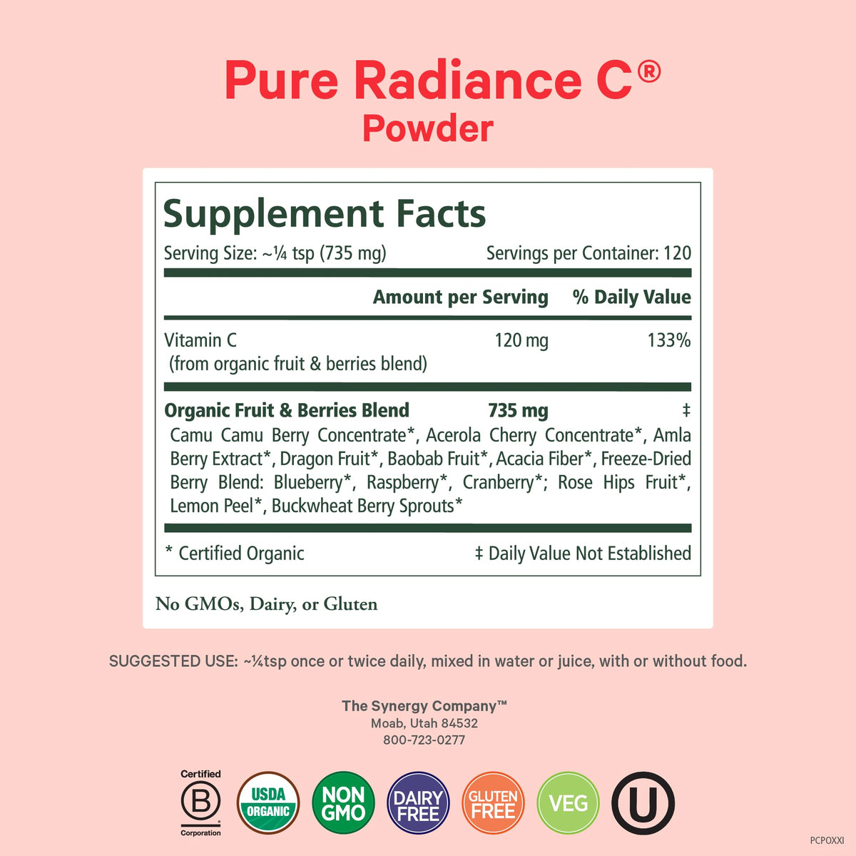 Vue de la poudre de vitamine C bio PURE SYNERGY dans un verre d'eau