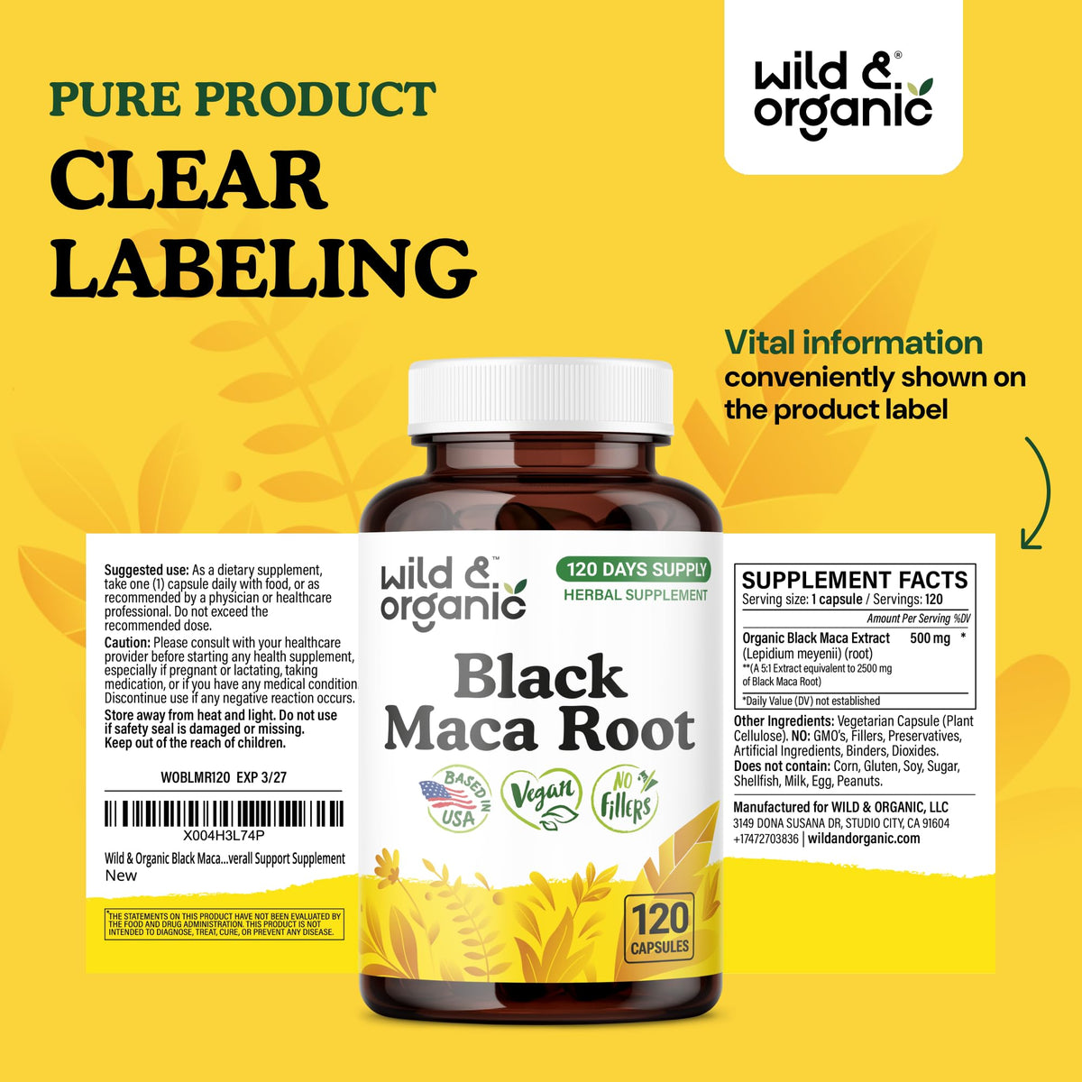 Vue de près des capsules de Maca Noire Wild & Organic