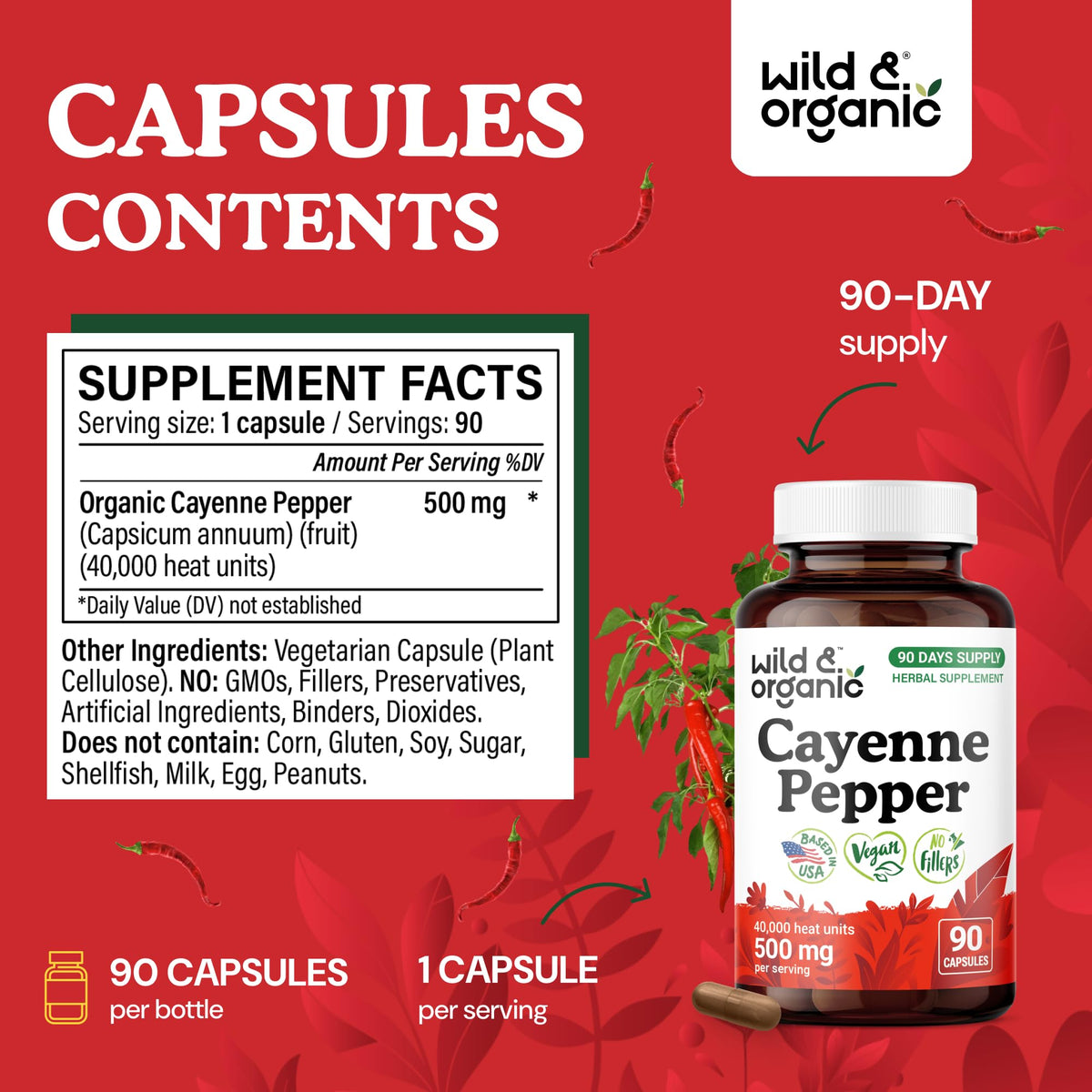 Vue de près des capsules de piment de cayenne Wild & Organic