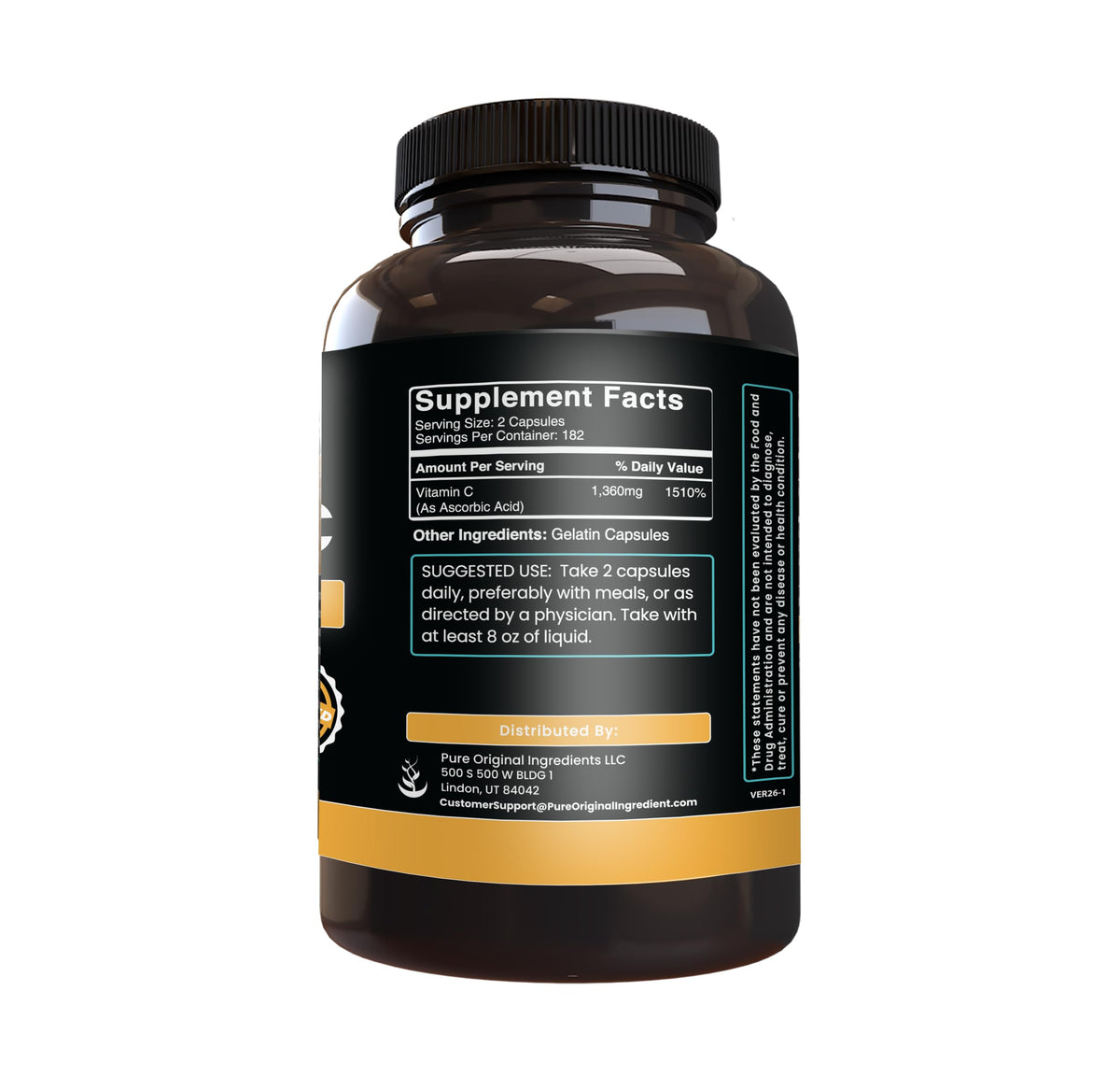 Vue de près des capsules de vitamine C PURE ORIGINAL INGREDIENTS