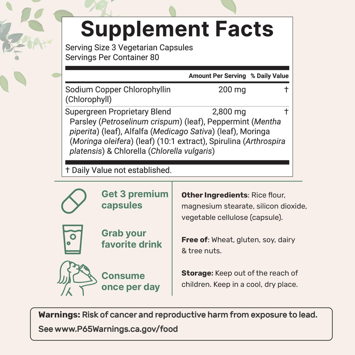 Vue de près des capsules végétales de chlorophylle Micro Ingredients