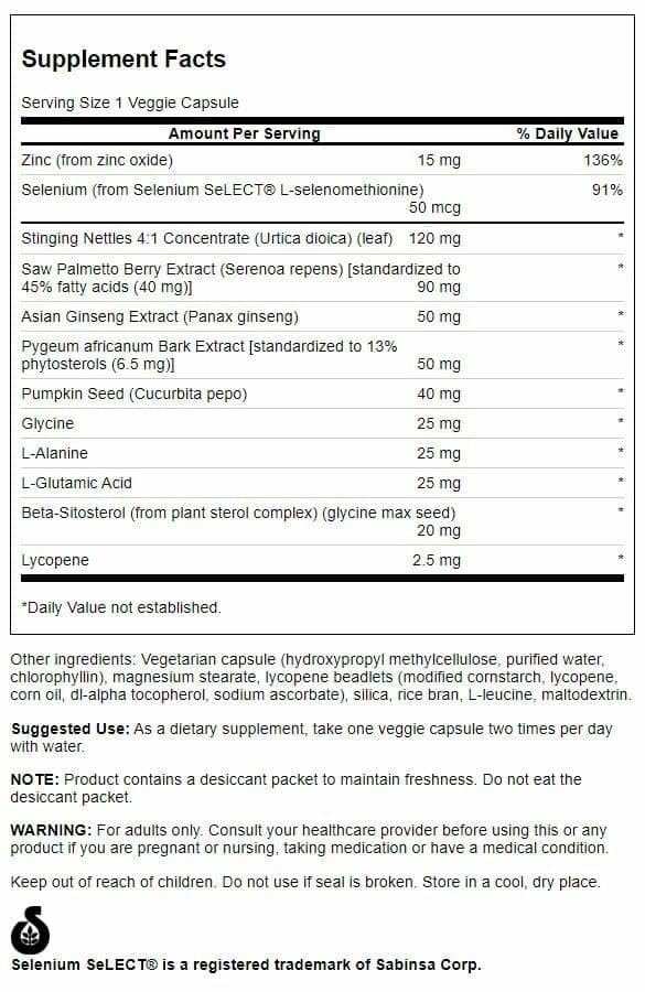 Vue de près des capsules végétales de Swanson Prostate Essentials Plus