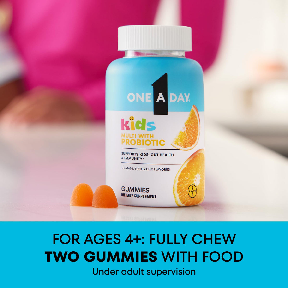 Vue de près des gummies ONE A DAY pour enfants avec ingrédients