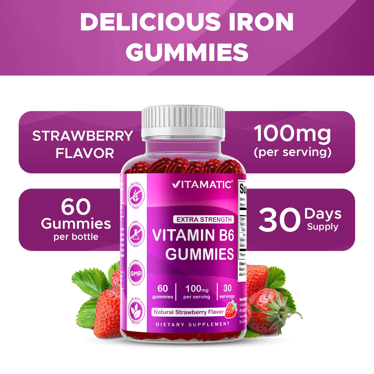 Vue de près des gummies Vitamatic B6 avec des fraises fraîches en arrière-plan