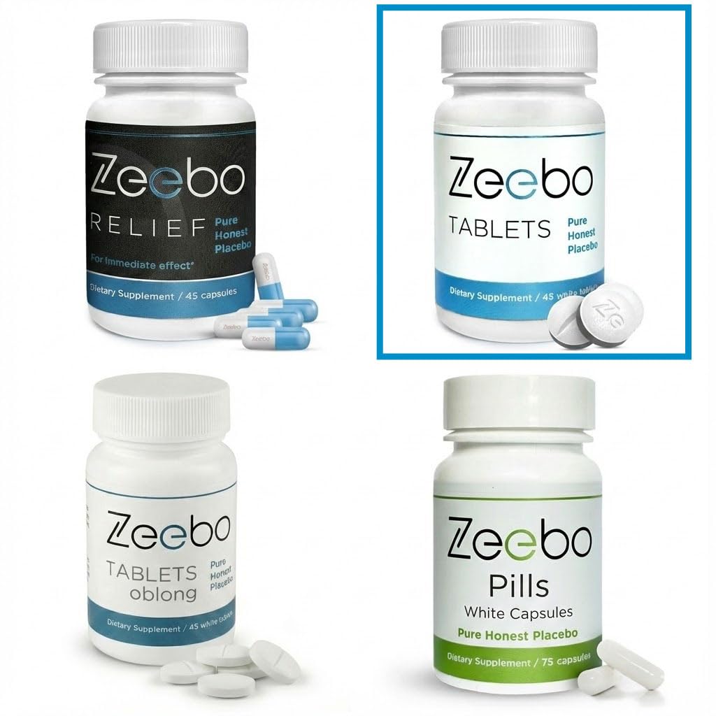 Vue de près du flacon de pilules placebo Zeebo avec étiquette
