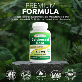 Vue de profil de la bouteille de racine de Goldenseal Best Naturals
