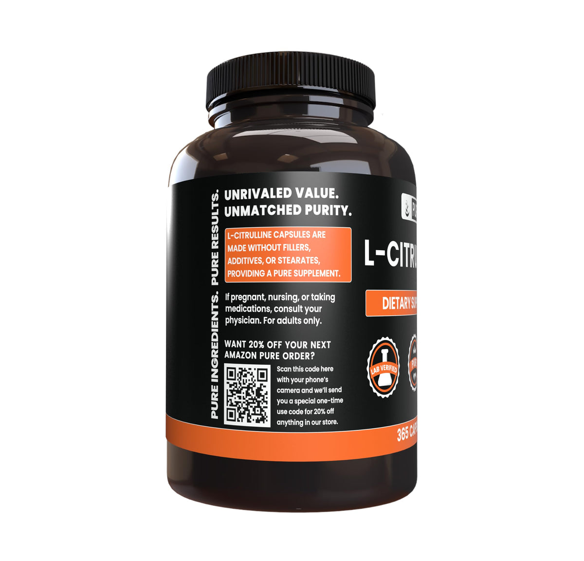 Vue de profil des capsules de L-Citrulline PURE ORIGINAL INGREDIENTS