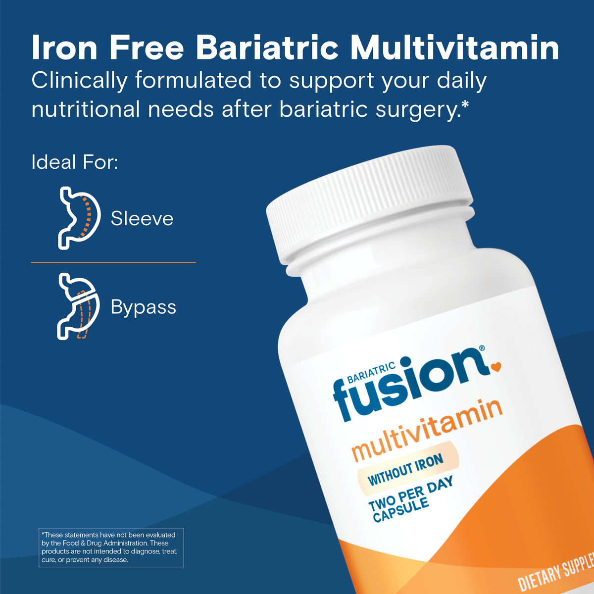 Vue de profil des capsules de multivitamine sans fer Bariatric Fusion