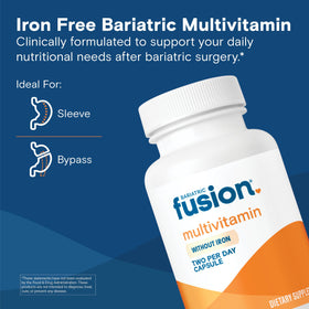 Vue de profil des capsules de multivitamine sans fer Bariatric Fusion