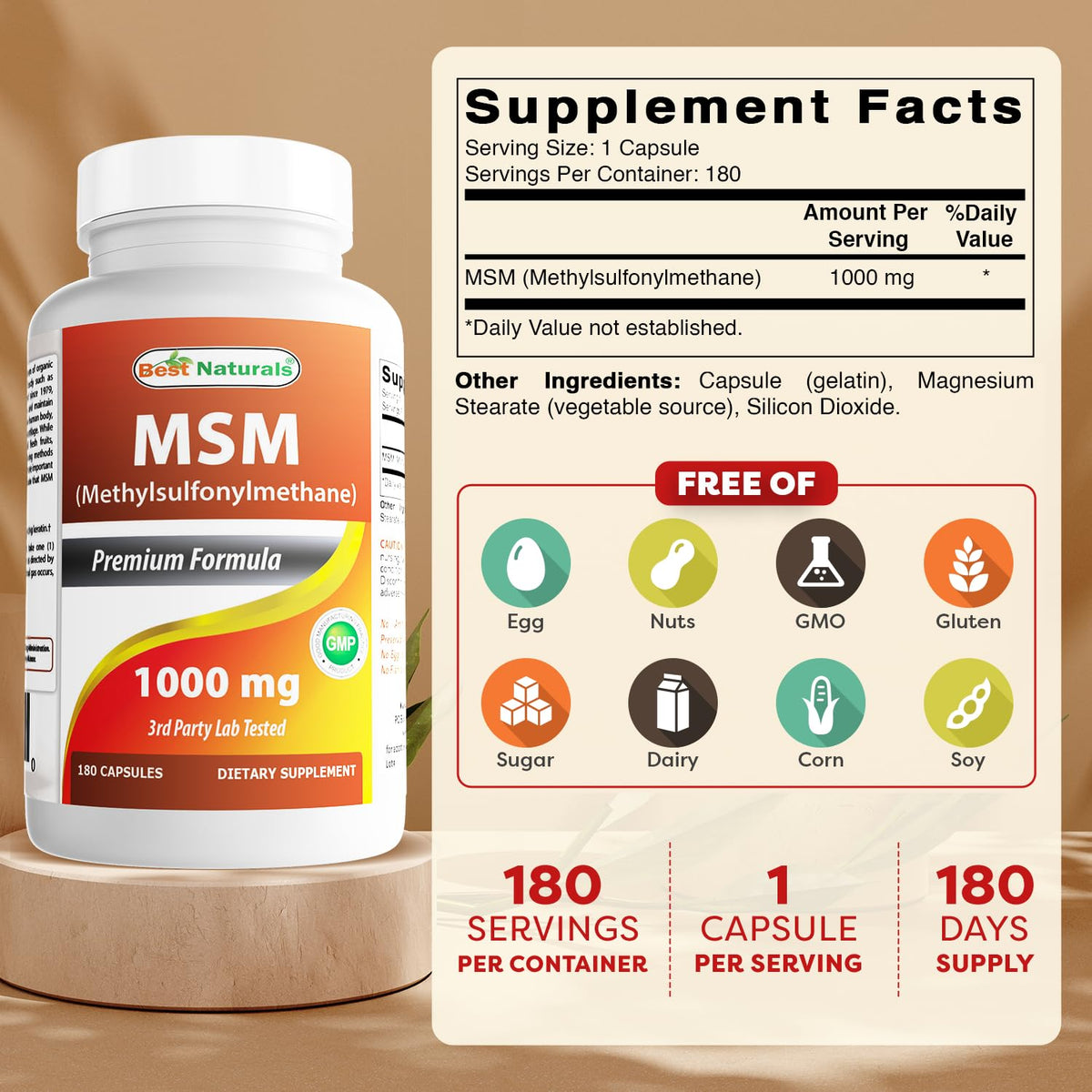 Vue des capsules Best Naturals MSM 1000 mg