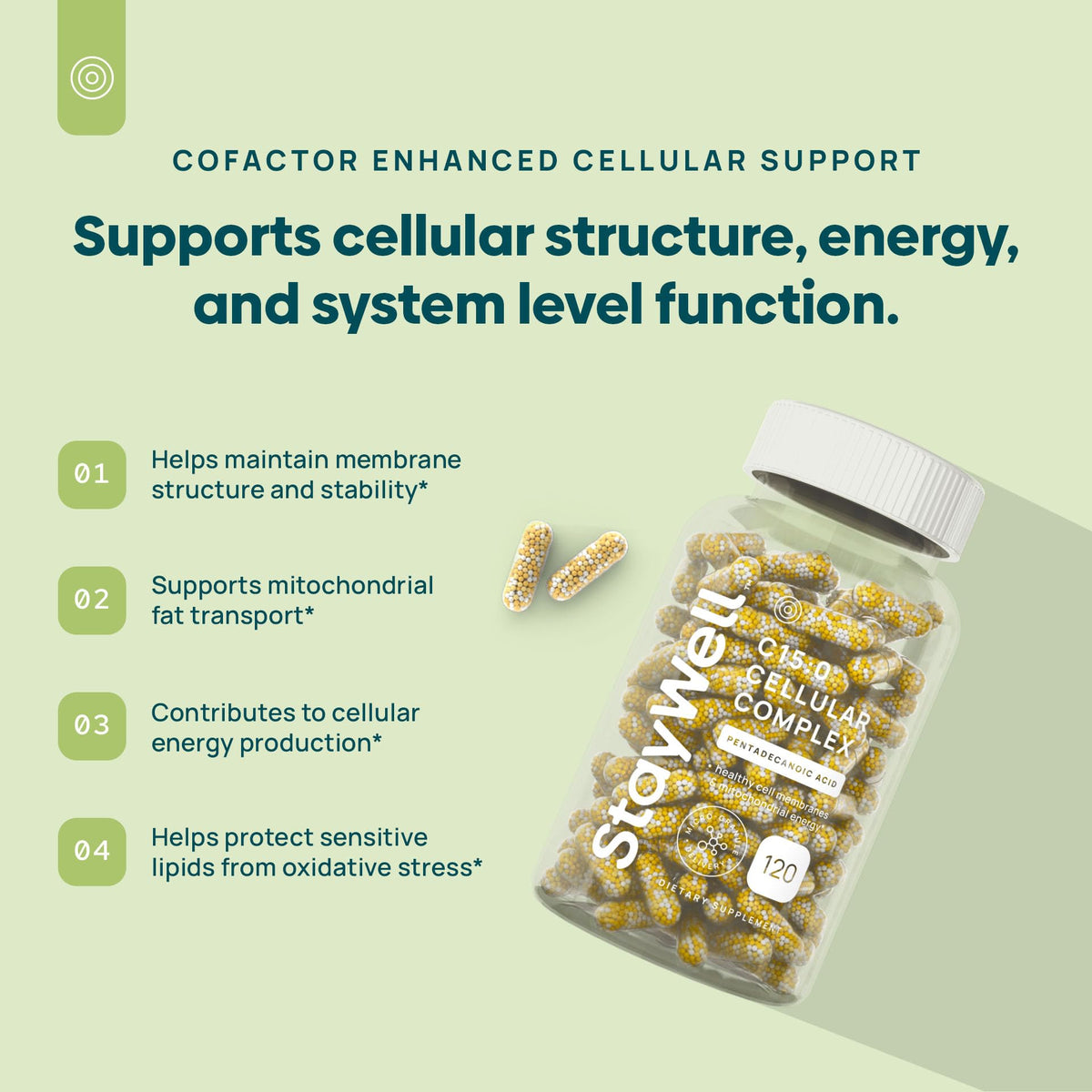 Vue des capsules d'acide pentadécanoïque C15:0 de Stay-Well Naturals