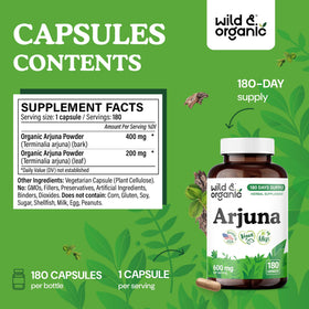 Vue des capsules d'écorce d'Arjuna Wild & Organic avec étiquette