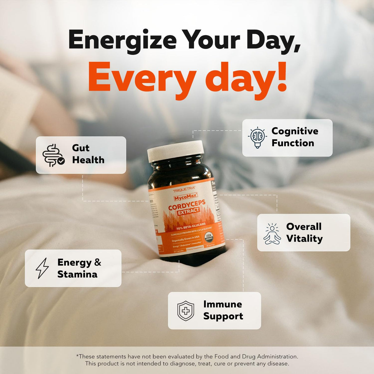 Vue des capsules d'extrait de champignon cordyceps bio Triquetra Health