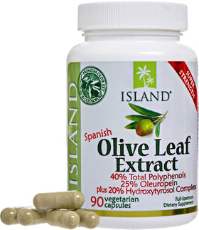 Vue des capsules d'Extrait de Feuille d'Olivier Island Nutrition avec verre d'eau