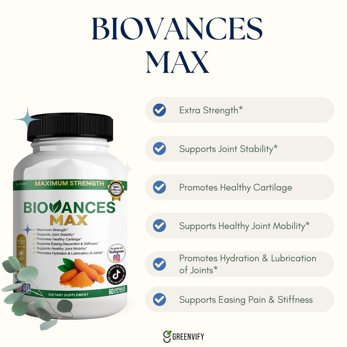 Vue des capsules de Biovances Max de GRENVIFY dans une main