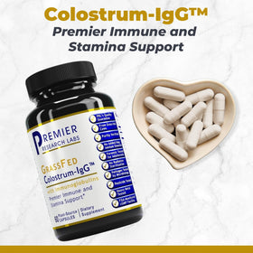 Vue des capsules de colostrum-IgG de Premier Research Labs