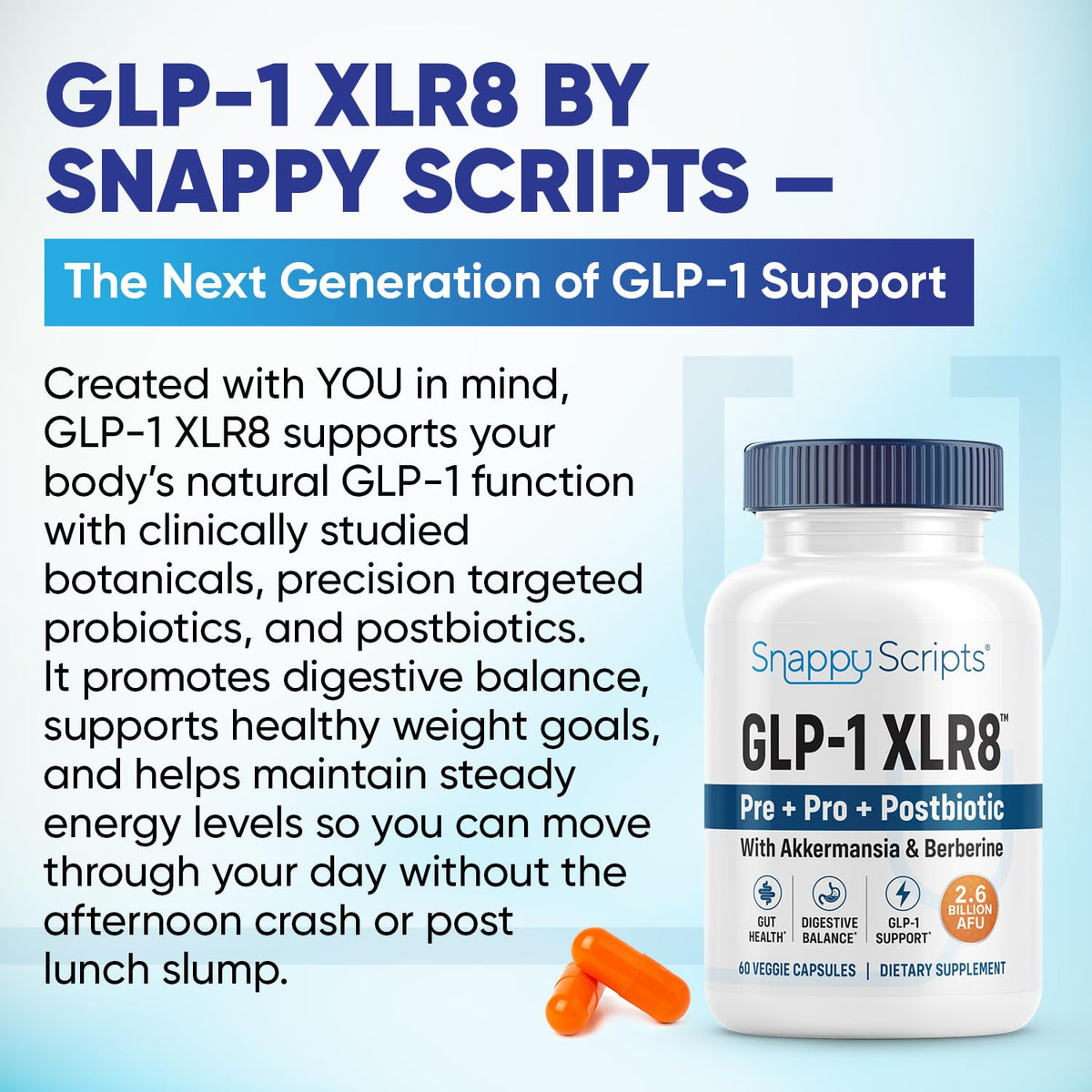 Vue des capsules de complément alimentaire GLP-1 Snappy Scripts