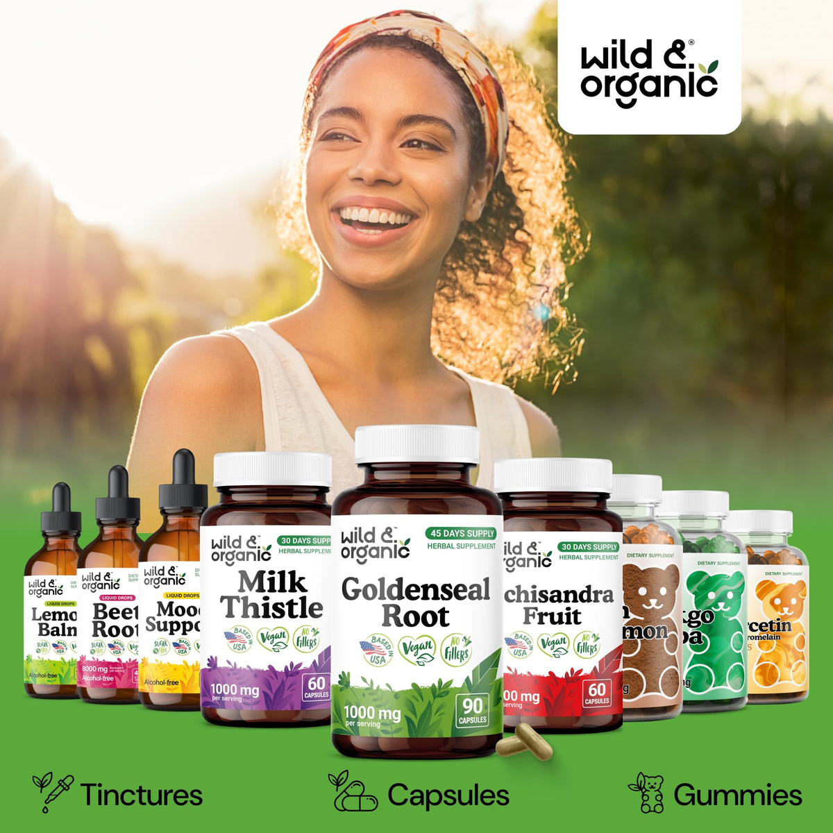 Vue des capsules de goldenseal Wild & Organic dans la main