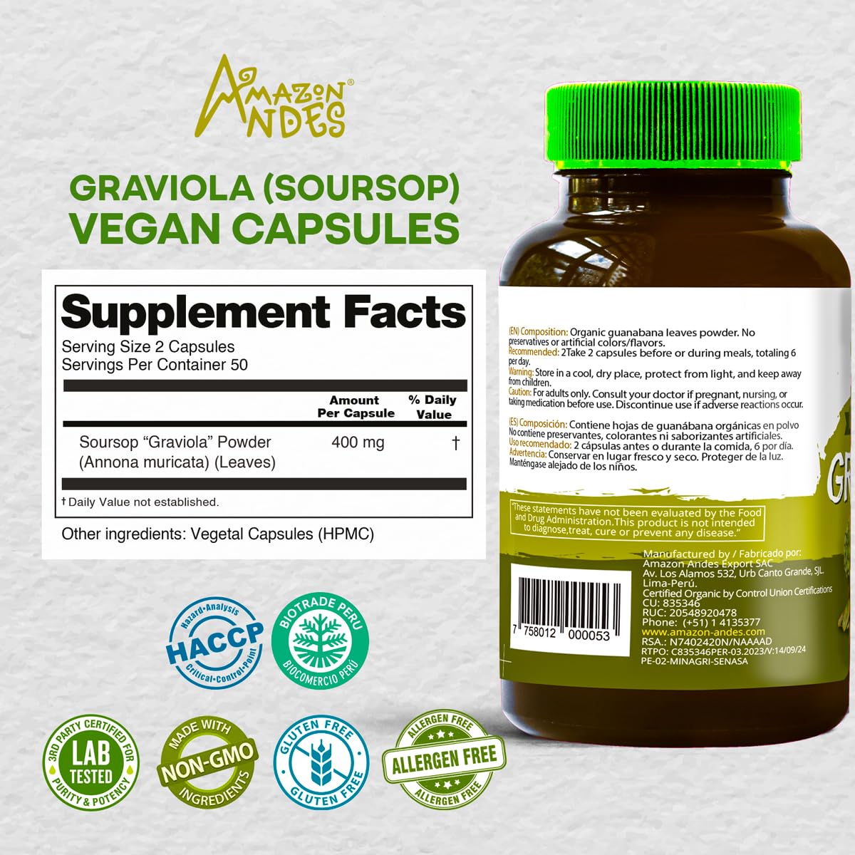 Vue des capsules de Graviola 400mg en gros plan