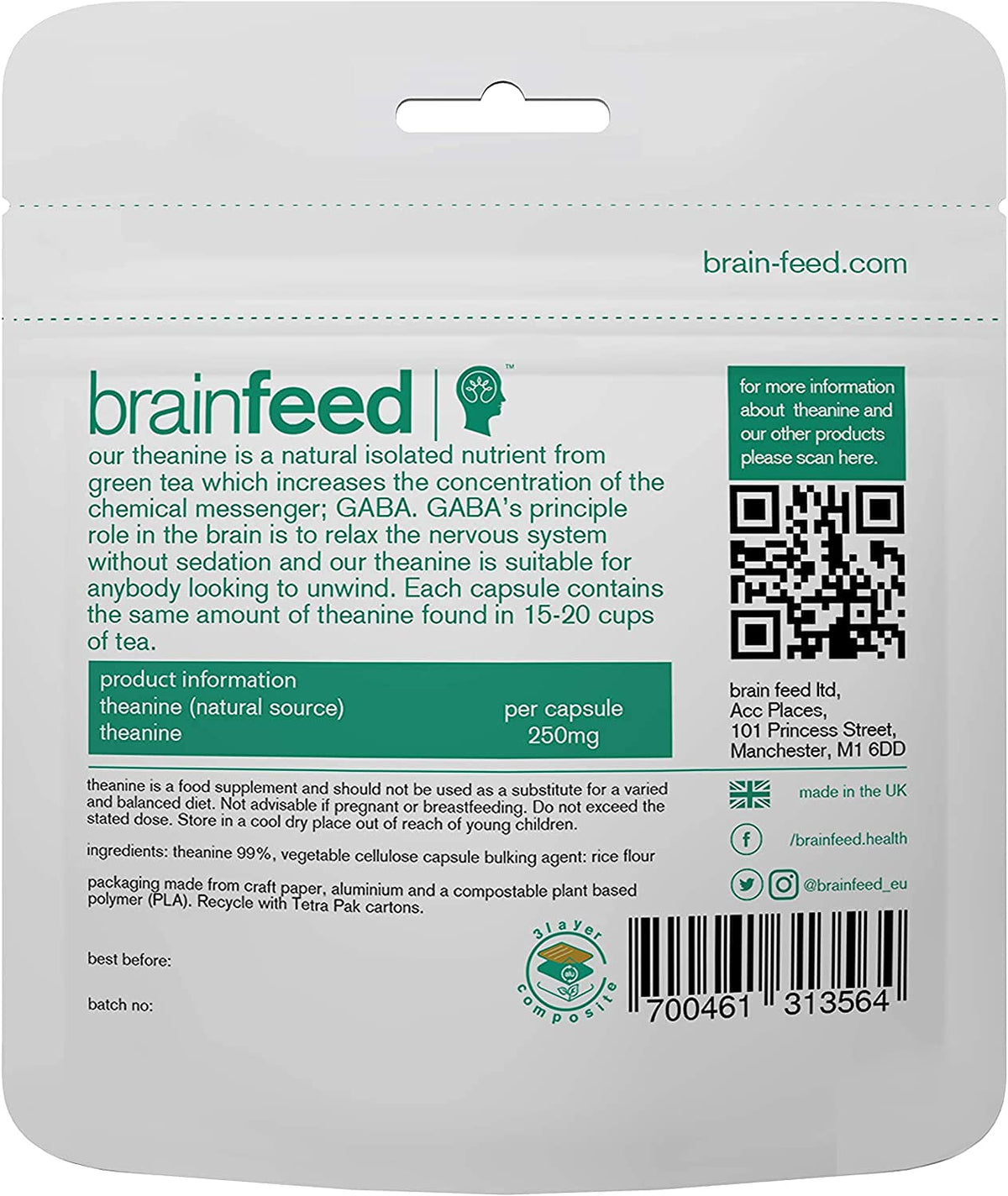 Vue des capsules de L-Théanine 250mg brain feed sur une surface blanche