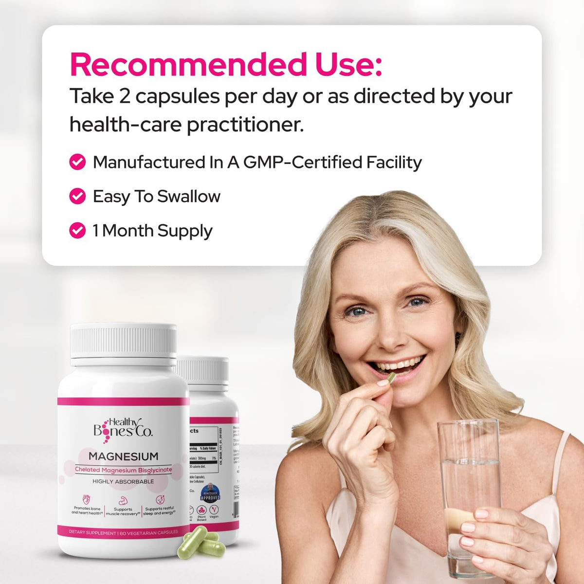 Vue des capsules de magnésium glycinate Healthy Bones Co. sur une table