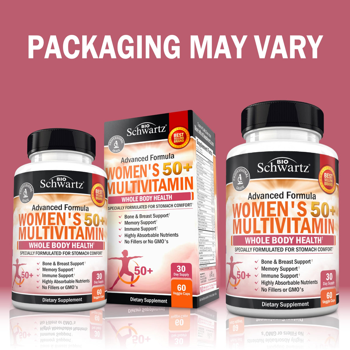 Vue des capsules de multivitamines BioSchwartz pour femmes 50+