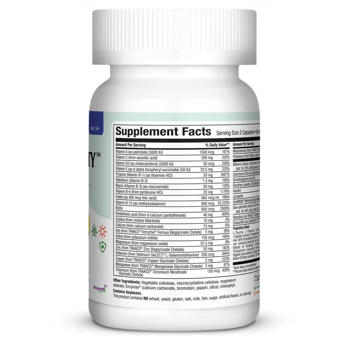 Vue des capsules de multivitamines Maxi Health 50+
