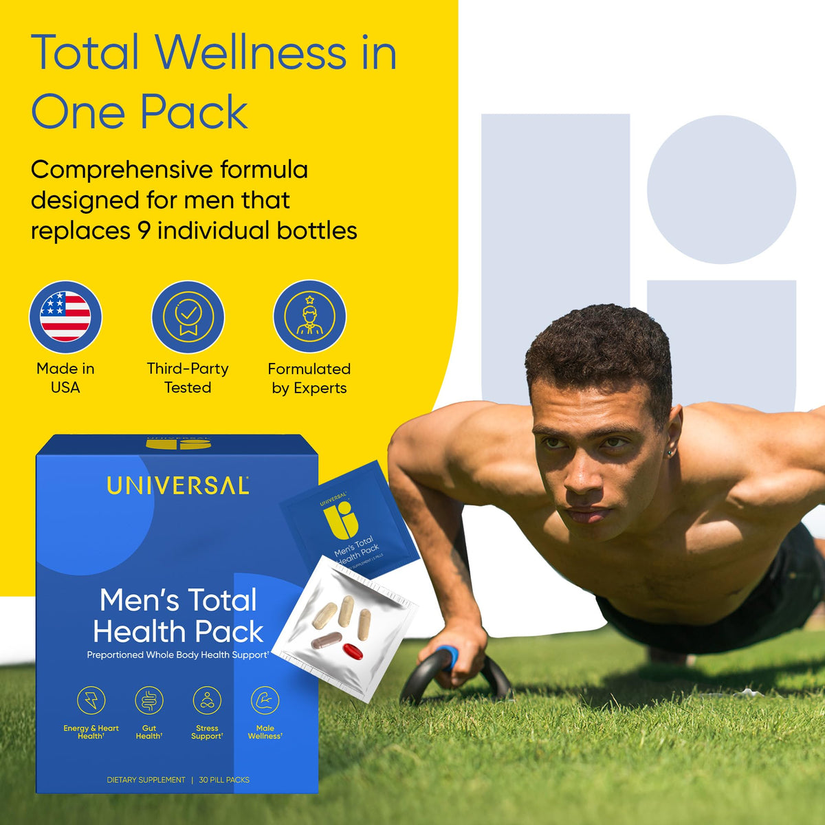 Vue des capsules de Multivitamines Total Health Homme Universal U