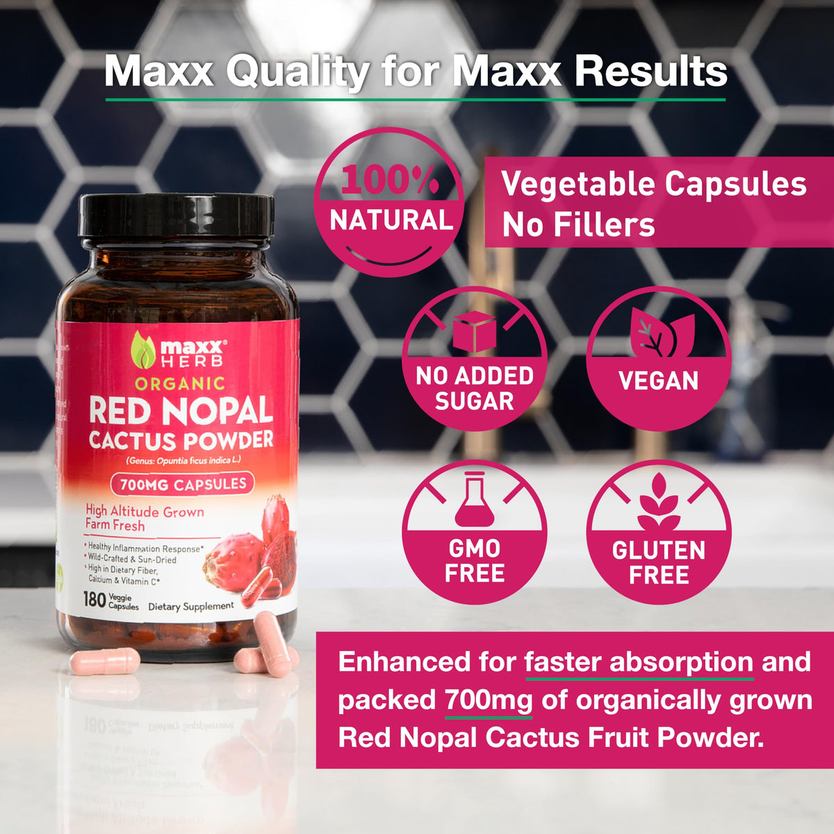 Vue des capsules de Nopal Rouge Maxx Herb sur une table