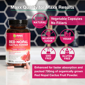 Vue des capsules de Nopal Rouge Maxx Herb sur une table