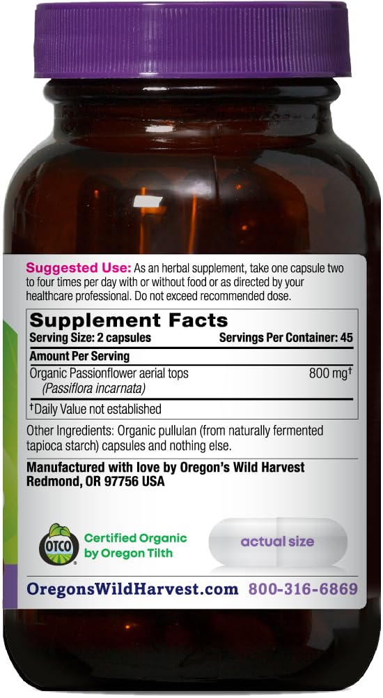 Vue des capsules de passiflore Oregon's Wild Harvest sur fond blanc