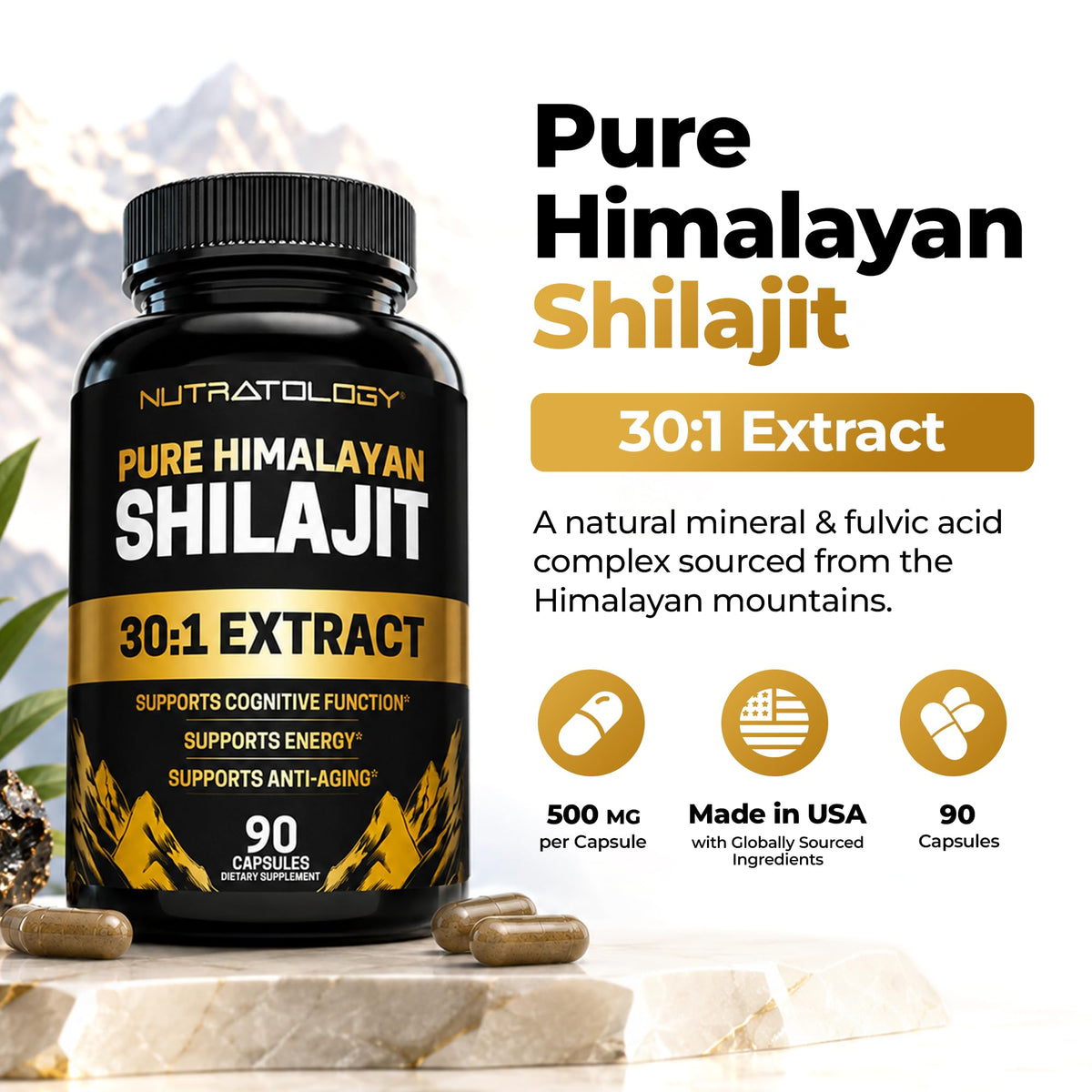 Vue des capsules de Shilajit Nutratology 500mg, taille et forme