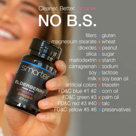 Vue des capsules de SmarterVitamins Extrait de Sureau Noir sur fond blanc