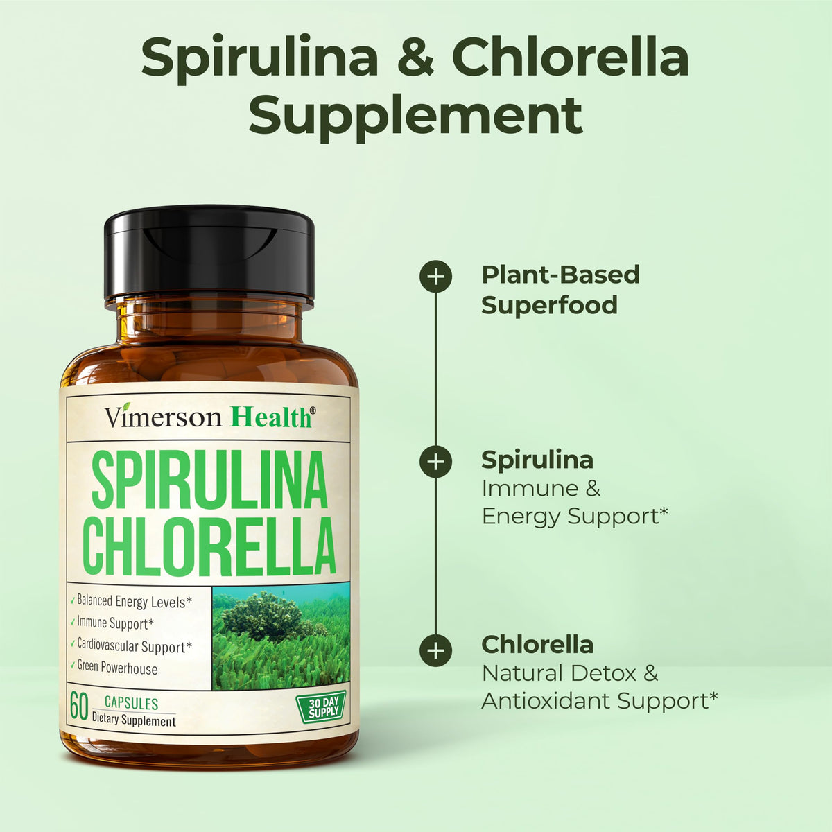 Vue des capsules de Spiruline et Chlorelle dans le flacon
