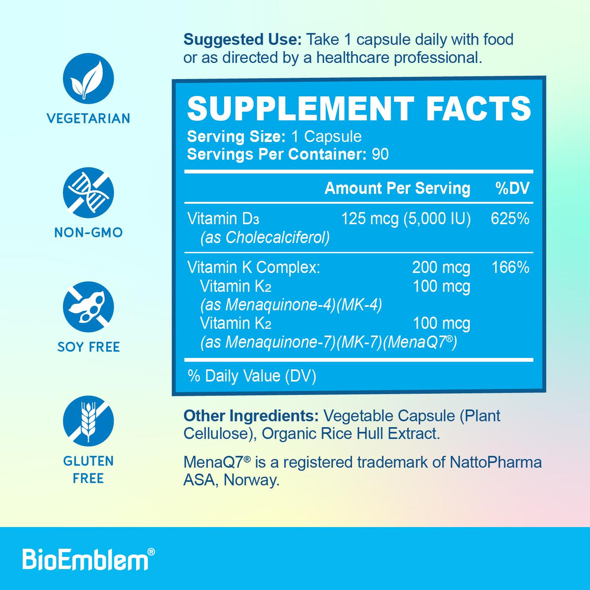 Vue des capsules de Vitamine D3 K2 BioEmblem avec étiquette