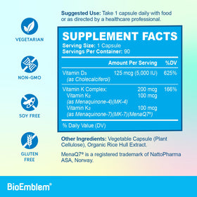 Vue des capsules de Vitamine D3 K2 BioEmblem avec étiquette
