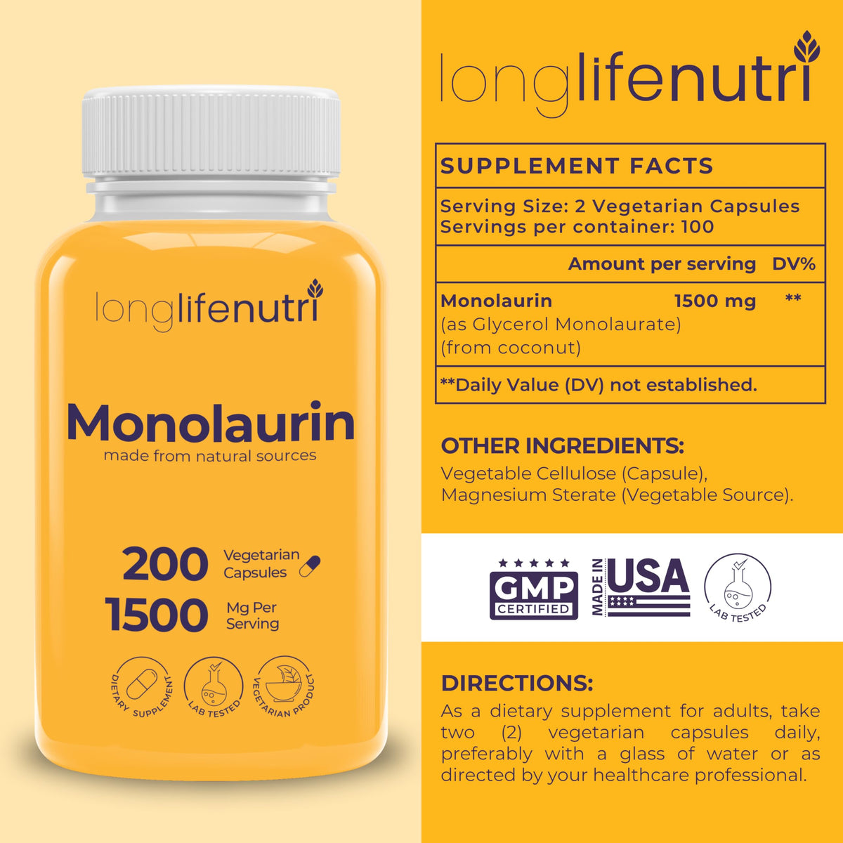 Vue des capsules LongLifeNutri Monolaurin sur une surface blanche
